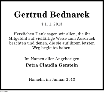 Traueranzeige von Gertrud Bednarek von Deister- und Weserzeitung
