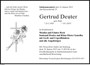 Traueranzeige von Gertrud Deuter von Deister- und Weserzeitung