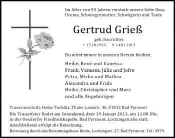 Traueranzeige von Gertrud Grieß von Deister- und Weserzeitung