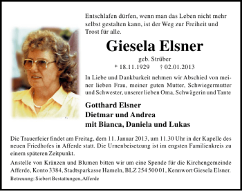 Traueranzeige von Giesela Elsner von Deister- und Weserzeitung