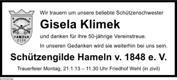 Traueranzeige von Gisela Klimek von Deister- und Weserzeitung