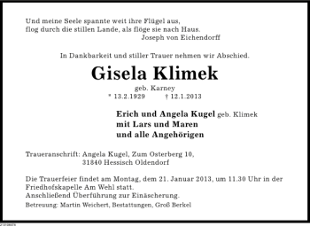 Traueranzeige von Gisela Klimek von Deister- und Weserzeitung