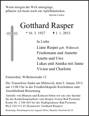 Traueranzeige von Gotthard Rasper von Deister- und Weserzeitung