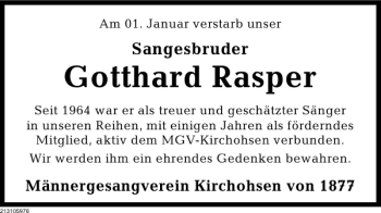Traueranzeige von Gotthard Rasper von Deister- und Weserzeitung