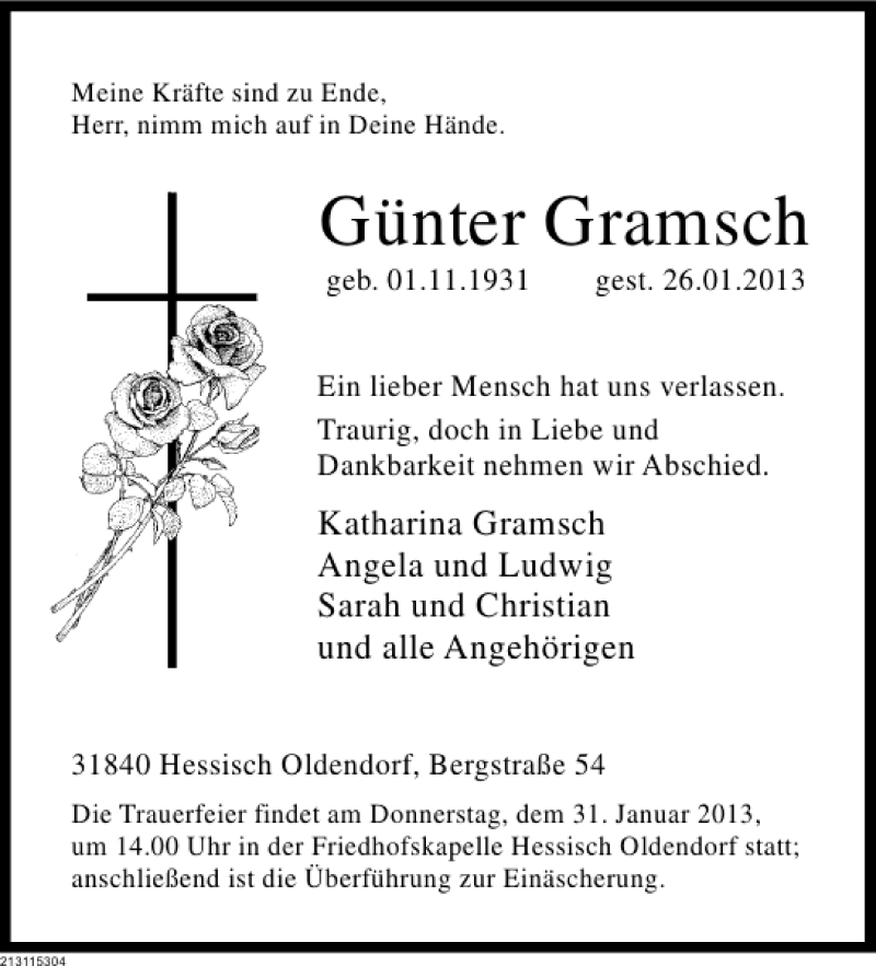  Traueranzeige für Günter Gramsch vom 29.01.2013 aus Deister- und Weserzeitung