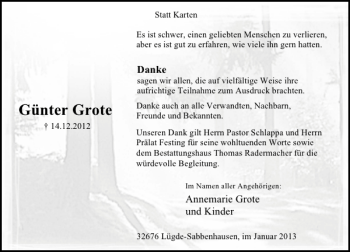 Traueranzeige von Günter Grote von Deister- und Weserzeitung