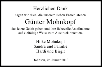 Traueranzeige von Günter Mohnkopf von Deister- und Weserzeitung