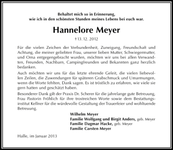 Traueranzeige von Hannelore Meyer von Deister- und Weserzeitung