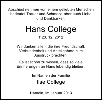 Traueranzeige von Hans College von Deister- und Weserzeitung