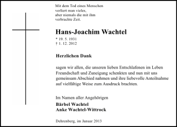 Traueranzeige von Hans-Joachim Wachtel von Deister- und Weserzeitung