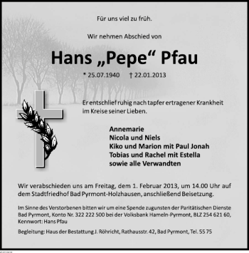 Traueranzeige von Hans Pfau von Deister- und Weserzeitung