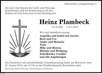 Traueranzeige von Heinz Plambeck von Deister- und Weserzeitung