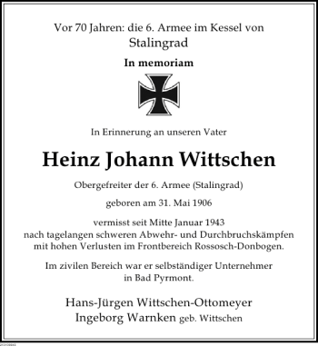 Traueranzeige von Heinz Johann Wittschen von Deister- und Weserzeitung