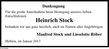 Traueranzeige von Heirnich Stock von Deister- und Weserzeitung