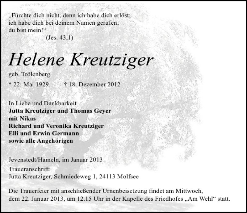  Traueranzeige für Helene Kreutziger vom 19.01.2013 aus Deister- und Weserzeitung
