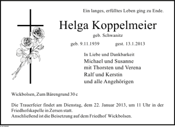 Traueranzeige von Helga Koppelmeier von Deister- und Weserzeitung