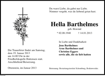 Traueranzeige von Hella Barthelmes von Deister- und Weserzeitung