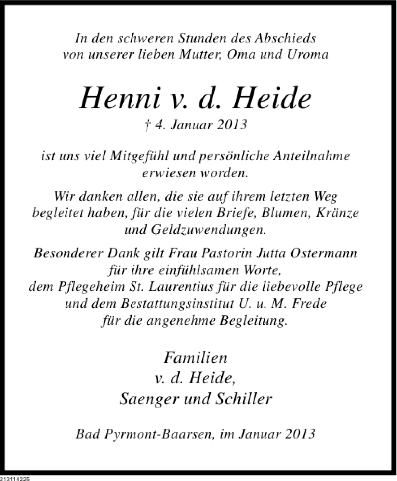  Traueranzeige für Henni von der Heide vom 26.01.2013 aus Deister- und Weserzeitung