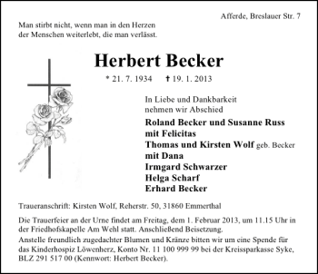 Traueranzeige von Herbert Becker von Deister- und Weserzeitung