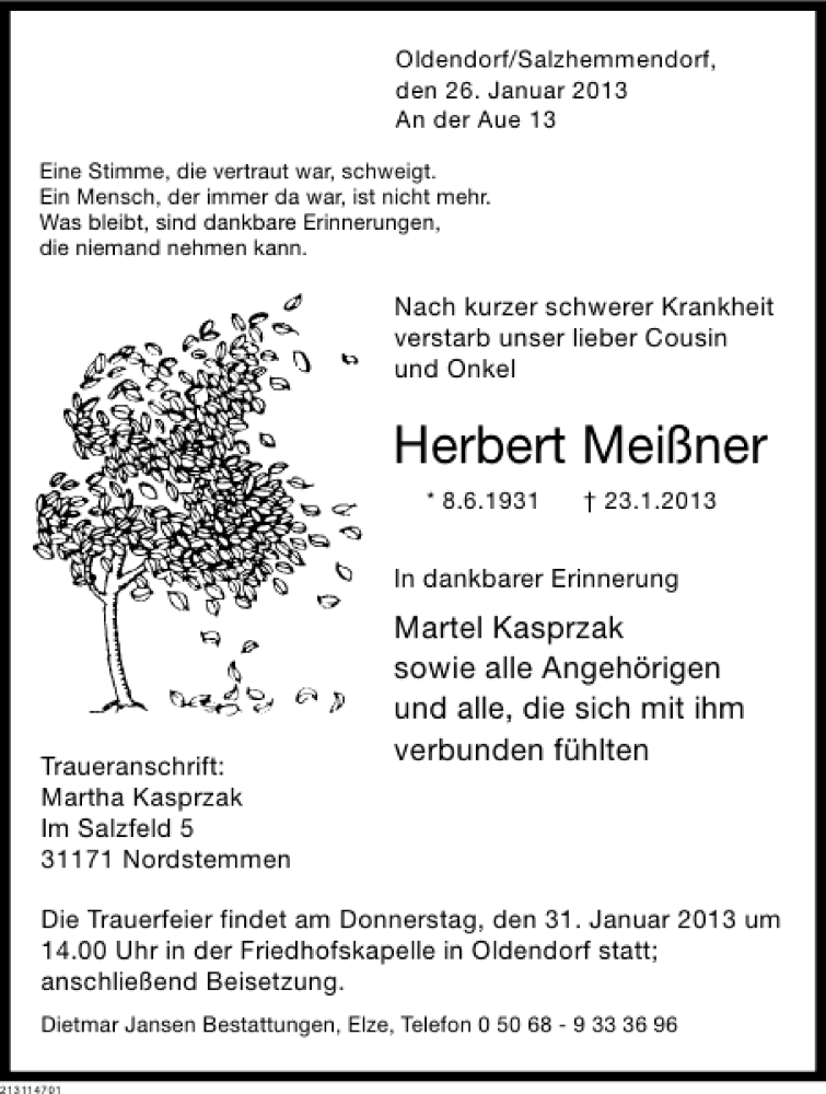  Traueranzeige für Herbert Meißner vom 26.01.2013 aus Deister- und Weserzeitung
