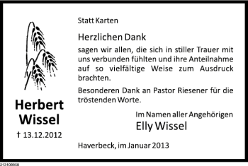 Traueranzeige von Herbert Wissel von Deister- und Weserzeitung