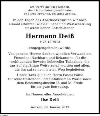 Traueranzeige von Hermann Deiß von Deister- und Weserzeitung