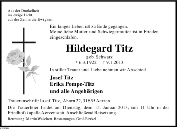 Traueranzeige von Hildegard Titz von Deister- und Weserzeitung