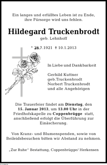 Traueranzeige von Hildegard Truckenbrodt von Deister- und Weserzeitung