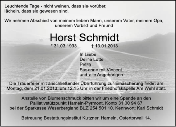 Traueranzeige von Horst Schmidt von Deister- und Weserzeitung