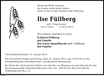 Traueranzeige von Ilse Füllberg von Deister- und Weserzeitung