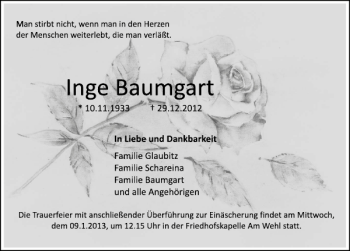 Traueranzeige von Inge Baumgart von Deister- und Weserzeitung