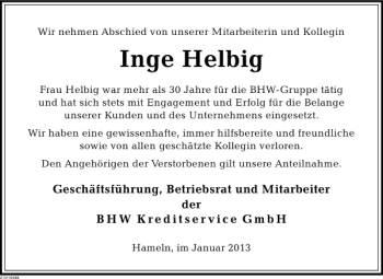 Traueranzeige von Inge Helbig von Deister- und Weserzeitung