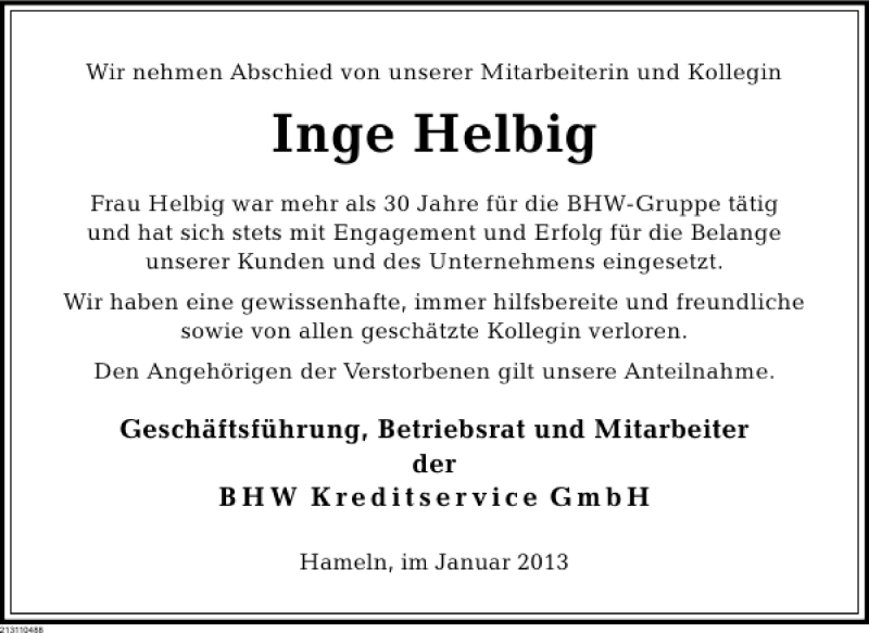 Traueranzeige für Inge Helbig vom 24.01.2013 aus Deister- und Weserzeitung