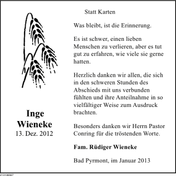 Traueranzeige von Inge Wieneke von Deister- und Weserzeitung