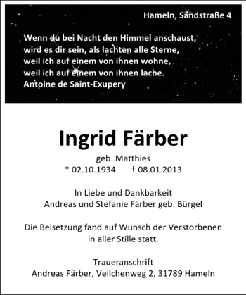 Traueranzeige von Ingrid Färber von Deister- und Weserzeitung