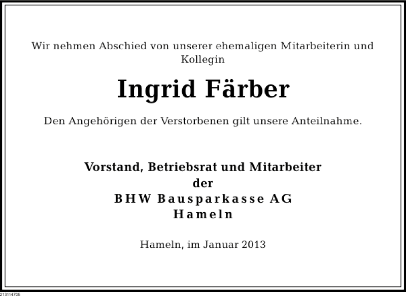  Traueranzeige für Ingrid Färber vom 28.01.2013 aus Deister- und Weserzeitung