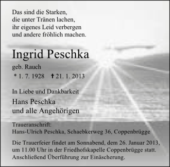 Traueranzeige von Ingrid Peschka von Deister- und Weserzeitung