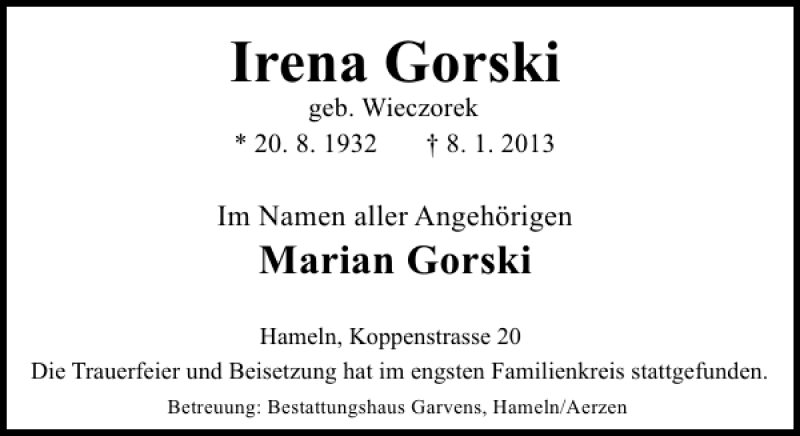  Traueranzeige für Irena Gorski vom 12.01.2013 aus Deister- und Weserzeitung