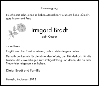 Traueranzeige von Irmgard Bradt von Deister- und Weserzeitung