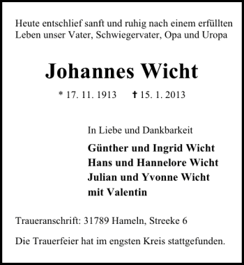Traueranzeige von Johannes Wicht von Deister- und Weserzeitung