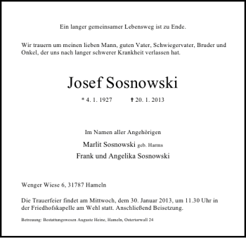 Traueranzeige von Josef Sosnowski von Deister- und Weserzeitung