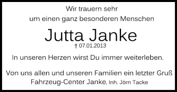 Traueranzeige von Jutta Janke von Deister- und Weserzeitung