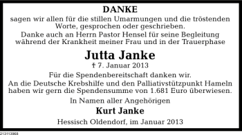 Traueranzeige von Jutta Janke von Deister- und Weserzeitung