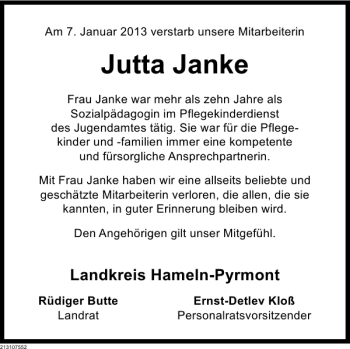 Traueranzeige von Jutta Janke von Deister- und Weserzeitung