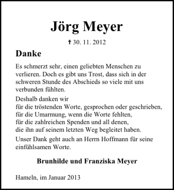 Traueranzeige von Jörg Meyer von Deister- und Weserzeitung