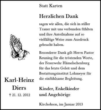 Traueranzeige von Karl-Heinz Diers von Deister- und Weserzeitung