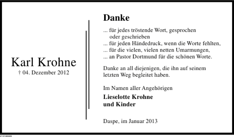  Traueranzeige für Karl Krohne vom 19.01.2013 aus Deister- und Weserzeitung