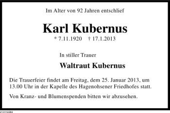 Traueranzeige von Karl Kubernus von Deister- und Weserzeitung