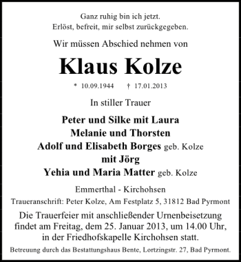 Traueranzeige von Klaus Kolze von Deister- und Weserzeitung
