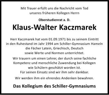 Traueranzeige von Klaus-Walter Kaczmarek von Deister- und Weserzeitung